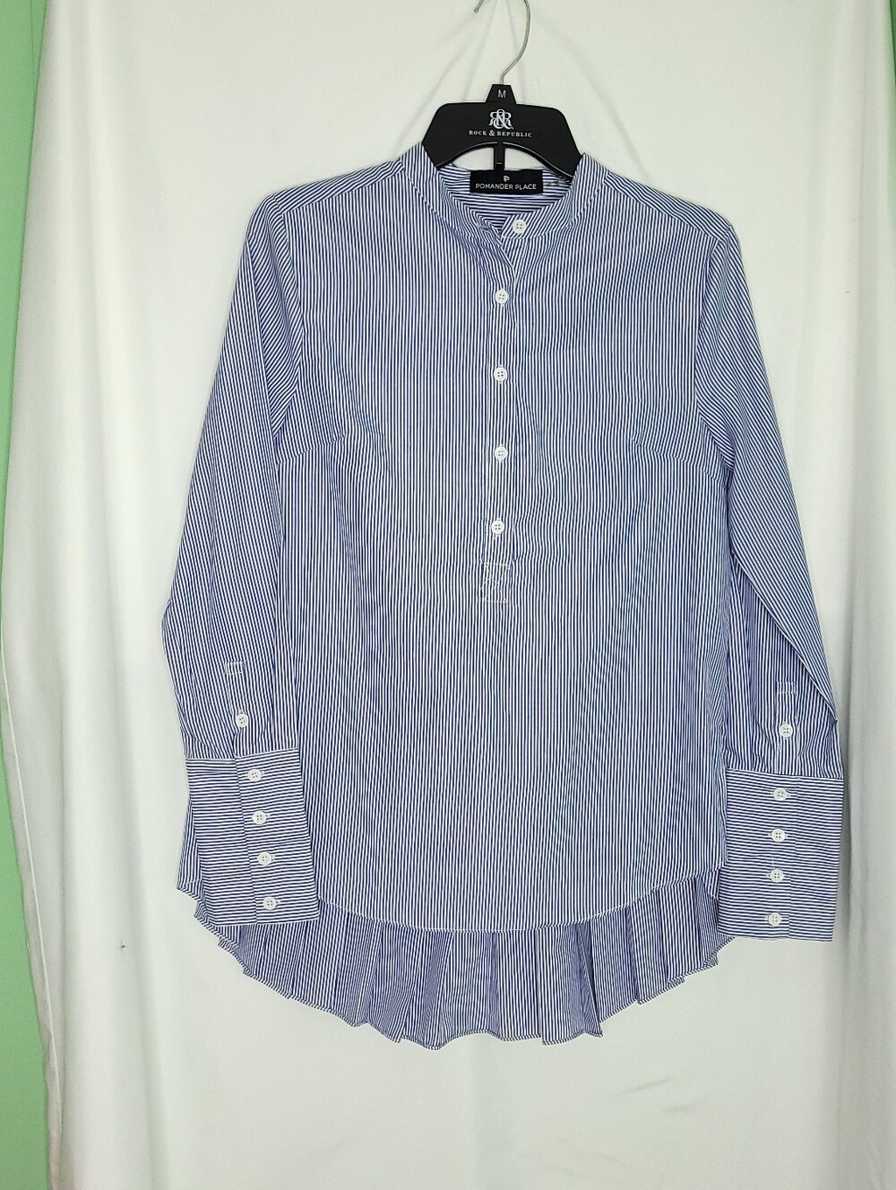 POMANDER PLACE Women's Striped Popover Top With Pleated Back & Hi Low Hem XS